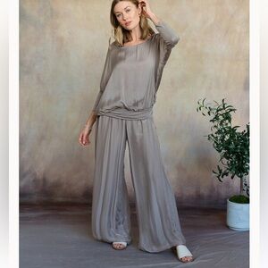 cobblestone living madelyn pants Silk taupe wide leg palazzo lightweight elastic
